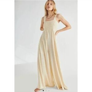FP‎ Beach Homecoming Wide Leg Jumpsuit Smocked Bodice Yellow Small relaxed flowy